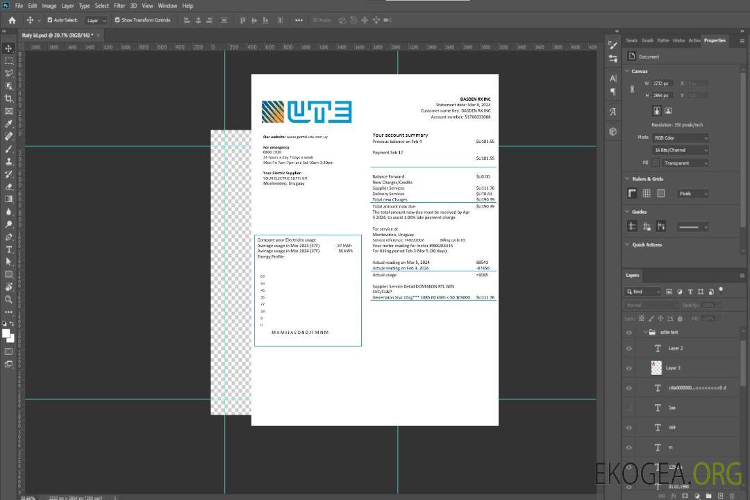 Modèle de facture de services publics d'électricité de la société UTE d'Uruguay aux formats Word et PDF template